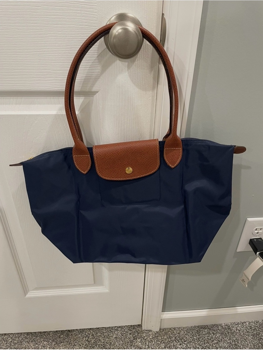 Longchamp Navy size medium Nylon Tote with Brown Leather Trim